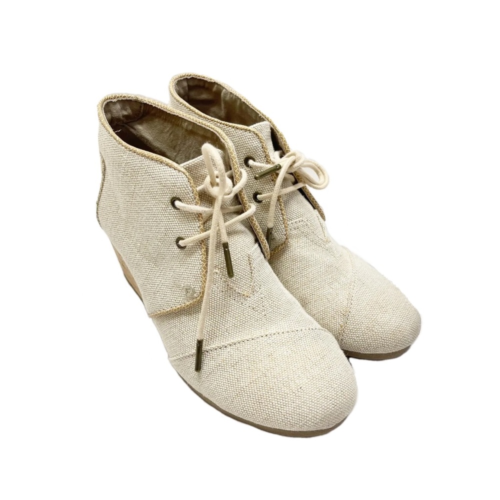 Toms Metallic Canvas Cork Wedge Ankle Boots Lace Up Cream Sz 9